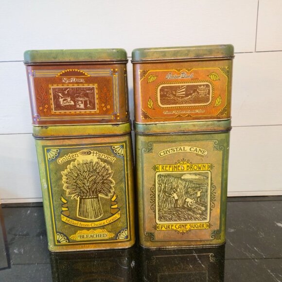 Retro Kitchen Tin Canister Set Coffee, Tea, Sugar & Flour Tins Vintage 1970s Sty - Picture 3 of 16